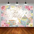 Fond de photographie Tea Party floral avec théière et fleurs pour décor d'anniversaire - Style Tea Party (SBJ-003) / 95x75cm