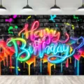 Φόντο φωτογραφίας Happy Birthday με στυλ γκράφιτι νέον για διακόσμηση πάρτι - SBJ-005 / 95x75cm