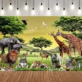 Safari wildlife animal photography backdrop for African savanna themed birthday party - Realistic African Savanna Animals (SBJ-002) / 95x75cm