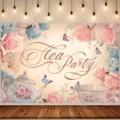 Toile de Fond Photo Thé Vintage avec Roses et Papillons pour une Décoration de Fête - Style Tea Party (SBJ-004) / 95x75cm