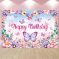 Fond de photographie d'anniversaire thème papillons violets et fleurs en aquarelle - Toile de Fond Florale Papillon Rose Violet (SBJ-007) / 95x75cm