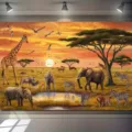 Vibrant African Savanna Animal Safari Sunset Photography Backdrop for Party Decor - African Savanna Sunset Silhouette Style (SBJ-004) / 95x75cm