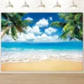 Tropisch strand fotografie achtergrond met palmbomen en blauwe oceaan voor feest - Eilandstijl (SBJ-009) / 180x120cm