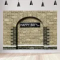 Fond photographique en briques rétro avec panneau Happy Birthday pour anniversaire - Texture de Mur de Briques d'Anniversaire (SBJ-007) / 95x75cm