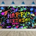 Ζωντανό φόντο φωτογραφίας Happy Birthday με θέμα γκράφιτι νέον για διακόσμηση πάρτι - Φόντο Γενεθλίων Νέον Γκράφιτι (SBJ-006) / 95x75cm