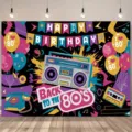 Vibrant retro 80s theme party backdrop featuring neon boombox and cassette tape - SBJ-007