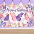 Fond de fête d'anniversaire thème papillons et fleurs avec texte - Style Papillon Fleurs Violettes (SBJ-008) / 95x75cm