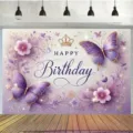 Fond de photographie joyeux anniversaire papillon violet et fleurs pour la fête - Style Papillon Fleur Violette (SBJ-009) / 95x75cm