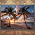 Fondo fotográfico de playa al atardecer con palmeras tropicales para decoración de fiestas - Puesta de Sol en la Playa Tropical (SBJ-009)