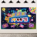 Colorful Y2K retro millennium theme photography backdrop with nostalgic 00s party icons - Y2K Retro Theme Photography Background (SBJ-007) / 95x75cm / Dark Blue