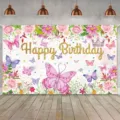 Toile de fond anniversaire fleurs et papillons avec texte pailleté Joyeux Anniversaire - Style Papillon Floral (SBJ-0010) / 95x75cm