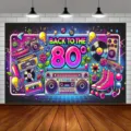 Vibrant neon 80s retro photography backdrop featuring boombox and roller skates for party - SBJ-009