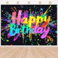Νέον γκράφιτι Happy Birthday φόντο με πολύχρωμες πιτσιλιές για την φωτογραφία - SBJ-0010 / 95x75cm