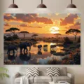 African savanna sunset backdrop featuring elephant herd by a river for wall decor. - Elephant Herd Sunset Landscape (SBJ-009)