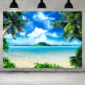 Tropische eiland strand fotografie achtergrond met palmbomen en turquoise oceaanzicht - Eilandstijl (SBJ-008) / 95x75cm