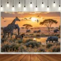 African savannah sunset photography backdrop with wild animals for birthday party decor - Natural African Savanna Animals (SBJ-0010)