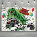 Cartoon dinosaur and monster truck themed birthday photography backdrop for boys party - 180x120cm