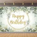 Fresh eucalyptus leaves Happy Birthday photography backdrop for party wall decoration - SBJ-001 / 95x75cm