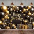 Sfondo di compleanno nero e oro con palloncini e stelle per decorazione fotografica di festa - Stile Scatola Regalo con Corona di Palloncini Nero e Oro (SBJ-001(058)) / 95x75cm