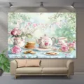 Süßer floraler Tee-Party-Fotohintergrund mit Aquarell-Teekanne und Rosen-Design - SBJ-001 Stil / 95x75cm