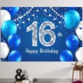 Toile de fond bleue pour 16e anniversaire avec ballons et lettrage pailleté argenté - 95x75cm