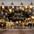 Festive black and gold birthday photography backdrop with balloons, stars, and gift boxes - Black Gold Polka Dot Balloon Style (SBJ-003) / 95x75cm