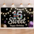 Toile de fond élégante pour 16e anniversaire avec diamants brillants et guirlandes - Style Guirlande Lumineuse Bohème Noir (SBJ-003) / 95x75cm