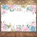 Süßer Fotohintergrund für Teepartys mit Blumen, Teetassen und goldenen Schmetterlingen - SBJ-003 Stil / 95x75cm