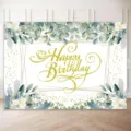 Elegant eucalyptus leaf Happy Birthday photography backdrop for party wall decoration - Eucalyptus Leaves Gold Frame Style (SBJ-003) / 95x75cm