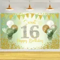 Toile de fond pour anniversaire Sweet 16 avec ballons à paillettes verts et dorés - Style Ballons Vert Menthe et Or Champagne (SBJ-004) / 95x75cm
