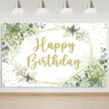 Green eucalyptus leaves birthday party backdrop with gold glitter Happy Birthday text - Eucalyptus Birthday Backdrop(SBJ-004) / 95x75cm
