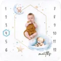 Soft baby milestone blanket with cute bear design and monthly markers - Hand-drawn Bear Theme (SMT-002) / 91x102cm