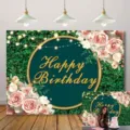 Green leaf and rose flower birthday photography backdrop with glitter Happy Birthday text. - Green Leaf and Rose Floral Style (SBJ-001) / 95x75cm