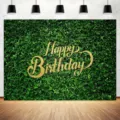 Green leaf birthday photography backdrop with gold glitter Happy Birthday text decoration - Green Leaf Lawn Wall Style (SBJ-002) / 95x75cm