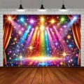 Bunter Disco-Fotohintergrund mit Bühnenlichtern und Sternen für Party-Dekoration - Retro-Großbühnen-Stil (SBJ-005) / 95x75cm