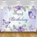 Elegant purple floral birthday backdrop with roses and butterflies - SBJ-001 / 95x75cm