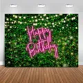 Happy Birthday green leaves photography backdrop with fairy lights and pink neon sign - Neon Green Leaf String Lights Birthday Backdrop (SBJ-003) / 95x75cm