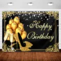 Black and gold birthday backdrop with balloons and glitter heels for photography. - High Heels Champagne Black Gold Style (SBJ-005) / 95x75cm