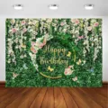 Green leaf and floral birthday photography backdrop for indoor party wall decoration - 150x100cm