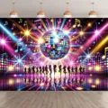 Lebendiger Retro-Disco-Fotohintergrund mit tanzenden Silhouetten und Musiknoten - Bunter Discokugel-Stil (SBJ-006) / 95x75cm