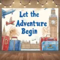 Travel adventure photography backdrop with Let the Adventure Begin and watercolor illustrations - 95x75cm