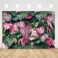 Tropical rainforest photography backdrop with vibrant pink and green Monstera leaves - Tropical Rainforest Style (SBJ-003) / 95x75cm