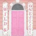 1st birthday party door banners with WILD & ONEderful floral design on pink door - Wild ONE Floral Theme (SDL-002) / 30x180cm