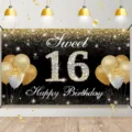 Toile de fond photo noir et or pour 16e anniversaire avec ballons et paillettes - Style 16e Anniversaire Noir et Or (SBJ-005) / 95x75cm