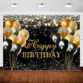 Black and gold birthday photography backdrop with glitter balloons for party decorations - Light String Glitter Balloon Style (SBJ-006) / 95x75cm