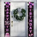 Pink and black 16th birthday door banners with glittery letters and balloons - Black With Pink Purple Glitter 16th Birthday Style (SDL-001) / 30x180cm