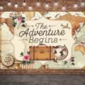 Vintage world map travel backdrop with adventure begins slogan for party events - SBJ-004 / 95x75cm
