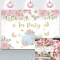 Süßer Foto-Hintergrund für Teepartys mit rosa Rosen und blauer Teekanne - Süßer Tee-Party-Stil (SBJ-005)