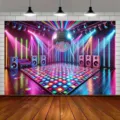 Sfondo fotografico per festa disco retrò con pista da ballo al neon e palla da discoteca - Stile Disco Colorato Vintage (SBJ-007)