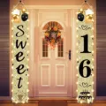 Festive Sweet 16 gold glitter birthday banners with LED lights for door decoration. - Gold Glitter Black Text Sweet 16 Style (SDL-002) / 30x180cm